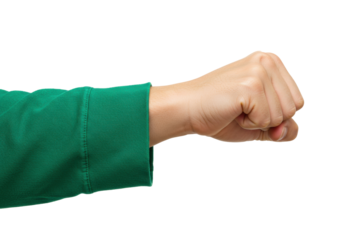 Isolated clenched fist wearing green sweatshirt, gesture, threatening position, forward