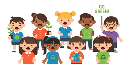 Diverse Children Campaigning For Environmental Protection With Go Green Message