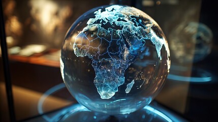 Stunning illuminated globe showcasing continents with intricate digital network overlay, perfect for global business and technology concepts.