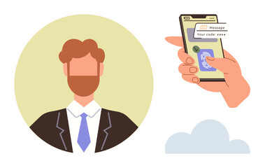 Businessperson profile with formal attire next to hand verifying identity via smartphone biometric scan. Ideal for security, technology, authentication, digital identity, business, privacy