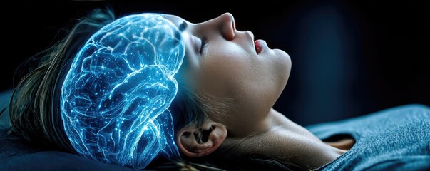 Young woman sleeping with glowing digital brain visualization concept. Conceptual image of a brain reflecting thoughts and emotions.