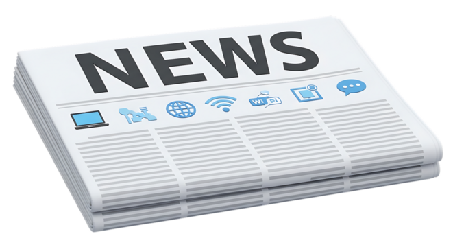 Newspaper with news headlines and technology icons isolated on transparent background
