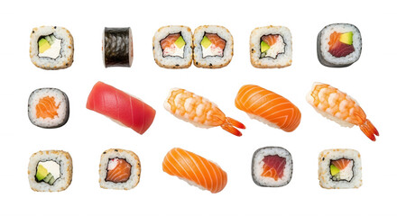 Assorted sushi rolls and nigiri isolated on a transparent background