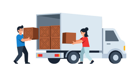 Delivery Crew Transporting Packages Into A Delivery Van Illustration Delivering Goods