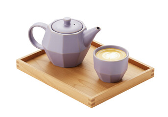 Isolated teapot and latte on wooden tray ready for tea time or a coffee break refreshment
