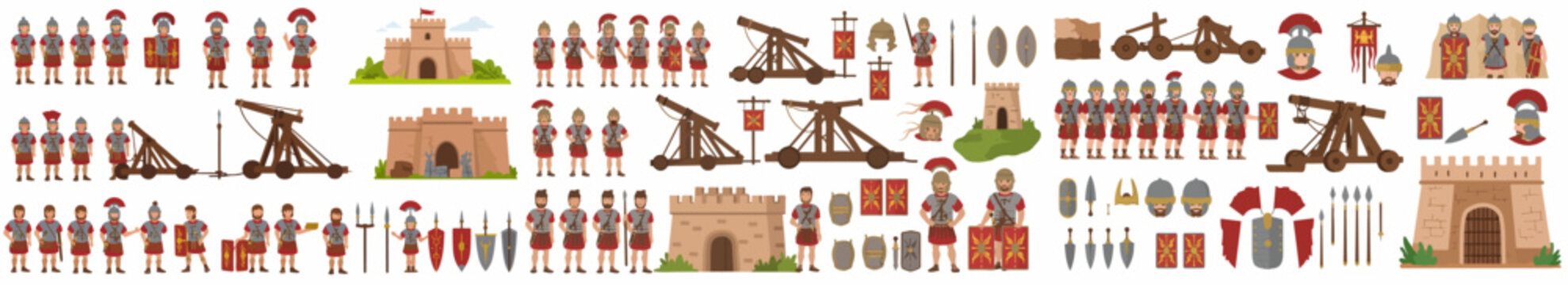 Roman soldiers, siege weapons, and castle elements