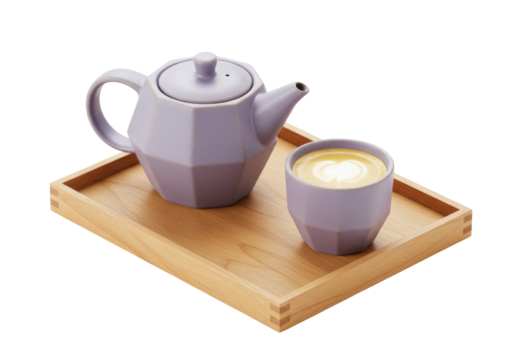 Isolated teapot and latte on wooden tray ready for tea time or a coffee break refreshment
