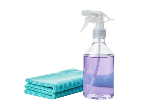 Isolated cleaning spray bottle with purple fluid and folded blue microfiber cleaning cloth