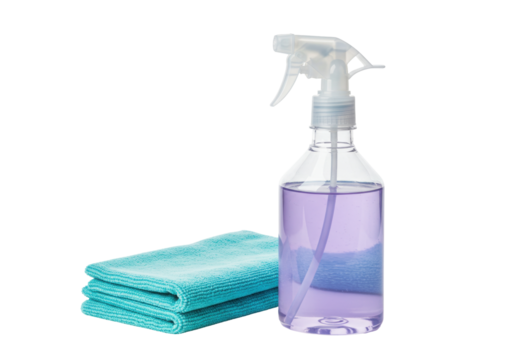 Isolated cleaning spray bottle with purple fluid and folded blue microfiber cleaning cloth