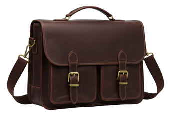 Isolated brown leather satchel bag with strap, fashion accessory for business or school