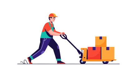 Delivery Worker Transporting Packages on a Pallet Jack with a Black Background