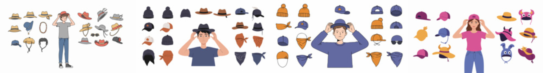 Diverse collection of hats, caps, and bandanas, featuring people trying on different headwear styles for various seasons and fashion choices.