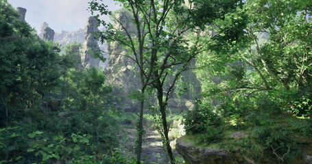 In a tranquil forest, vibrant trees and dense foliage create a lush atmosphere. Sunlight filters through the leaves, illuminating rocky outcrops in the background on a calm day.