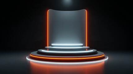 Sleek futuristic stage with glowing neon lights and modern podium design ideal for product launches and award ceremonies