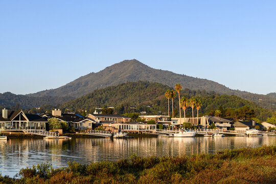 Mount Tamalpais, also known as Mt. Tam, a peak in Marin County, northern California, seen in the distance above Corte Madera Creek.