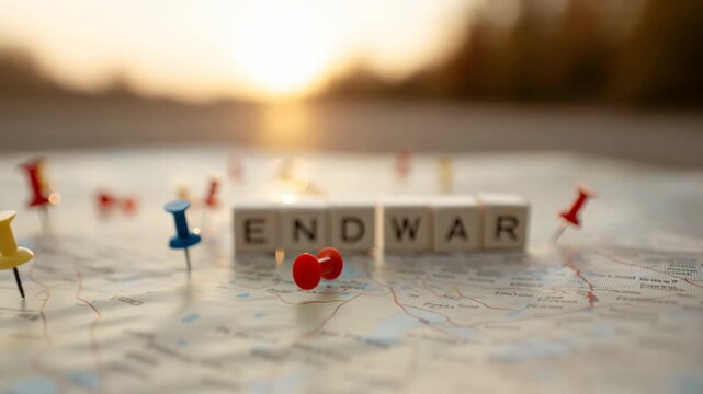 letter blocks forming the words 'end war' placed on top of a world map adorned with vibrant pushpins. This powerful message emphasizes the importance of peace and diplomatic solutions