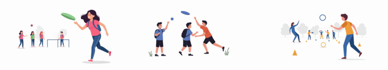 Young students enjoying various outdoor recreational activities like frisbee, sports, and casual games during a break or college life.