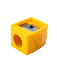 Yellow cube pencil sharpener, metal blade, hole on side