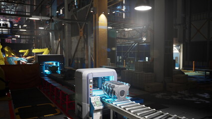 A conveyor belt in a busy factory efficiently moves machine components for assembly. Bright lighting and various machinery create a dynamic industrial environment.