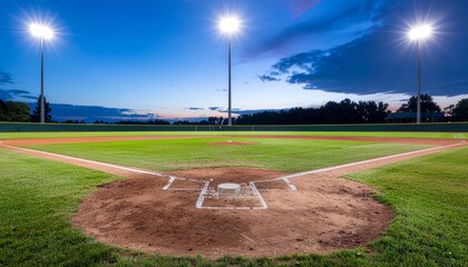 Beautifully maintained softball field on night scenery, featuring clean bases, smooth pitching mound, and lush infield grass, with wide open copy space