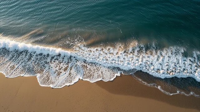 Stunning aerial view of turquoise waves gently lapping a pristine sandy coastline, ideal for travel, vacation and relaxation themes with peaceful tropical seascape vibes