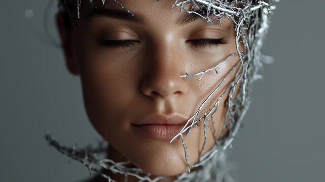 Beautiful woman's face enhanced with delicate silver branches. An innovative fusion of organic charm and sleek, modern features in this artistic representation