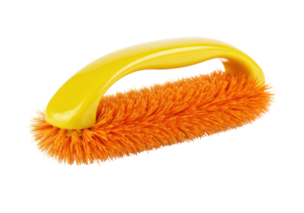 Isolated yellow handle toilet bowl brush with orange bristles for bathroom cleaning tool