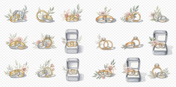 Collection of watercolor wedding rings with floral decorations and engagement boxes.