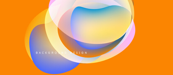 Abstract fluid shapes overlap, creating vibrant color blends. Orange background provides strong contrast. Design feels modern, dynamic.