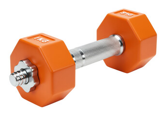 Isolated orange dumbbell for fitness workout, bodybuilding, and strength training equipment