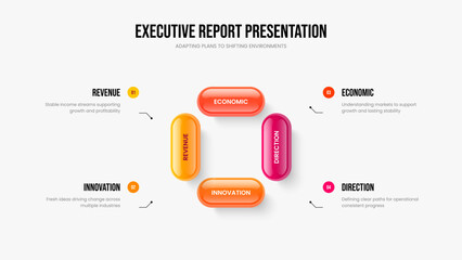 Modern Plan 4 Element Diagram Presentation Design. Digital Performance Four Step Infographic Frame Template. Consulting Innovation Slideshow Layout Vector Illustration.