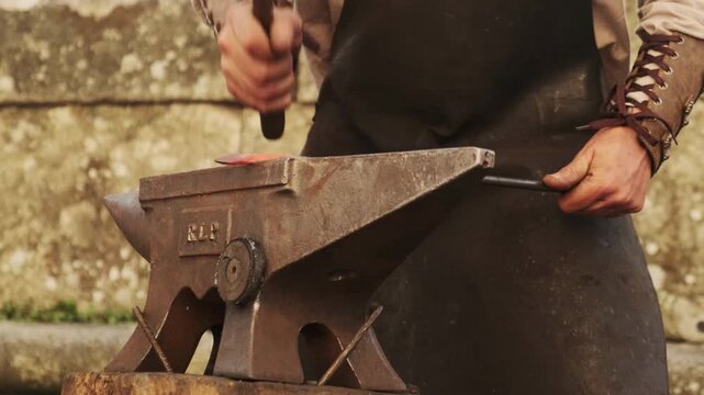 Slight low-angle static shot of a blacksmith hammering red-hot iron on an anvil; bright sparks fly with each blow, gritty workshop atmosphere in natural daylight.