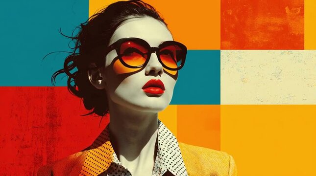A young Caucasian woman with dark hair and bold red lips wears oversized sunglasses and a stylish yellow blazer. The background features vibrant geometric patterns in orange and blue.