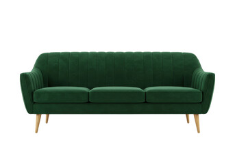 Isolated green velvet sofa, elegant three-seater couch in retro design, studio shot
