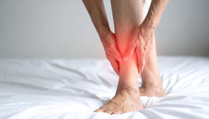 Close-up of old woman suffering from heel pain, gently massaging the area while sitting on the bed for relief.
