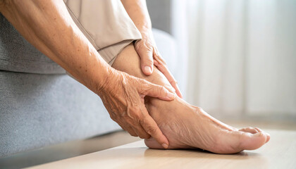 Elderly woman on bed holding her sore knee and rubbing painful heel, close-up view showing joint pain relief concept.