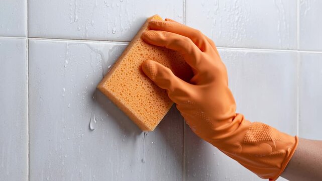 Professional cleaner wearing orange protective gloves washing white ceramic tiles in a bathroom or kitchen. A close up view of house cleaning