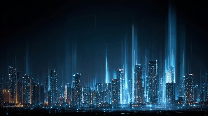 Futuristic cityscape at night alive with vibrant blue digital light streams symbolizing connectivity and advanced technology