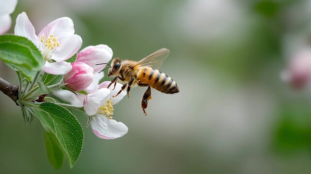 Close up of a honey bee approaching a pink apple blossom, wings blurred in flight as it prepares to land and collect nectar and pollen in a spring orchard