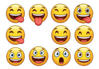 Collection of happy funny grinning smiling emoji faces with open mouths and tongues out