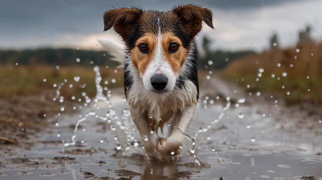 Cheerful dog happily dashing towards the camera in a puddle of mud, causing water to splatter in all directions. This playful companion clearly loves frolicking in the rural outdoors