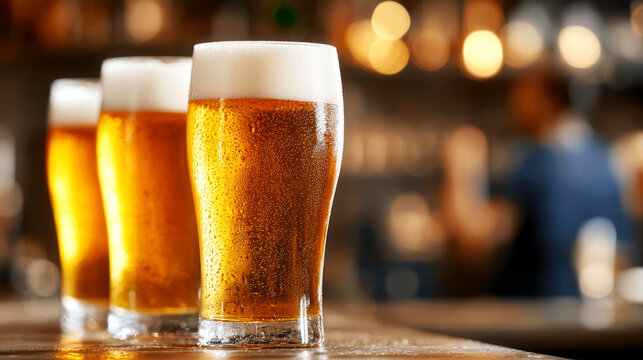Frosty beer glasses lined up on a bar counter, friends chatting and laughing in the background, happy hour energy