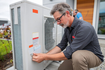 Fototapeta premium Technician inspecting outdoor air conditioning unit