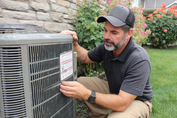Technician inspecting outdoor air conditioning unit