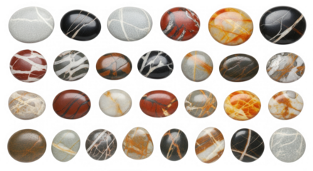 Polished stones with natural patterns isolated on a transparent background