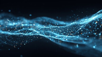 Dynamic glowing blue digital network flowing through dark space, representing connectivity, data, and futuristic technology.