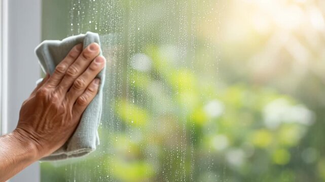 Close up shot of a man's hand wiping down a foggy window using a microfiber cloth, highlighting the idea of maintaining cleanliness in homes or through professional cleaning services