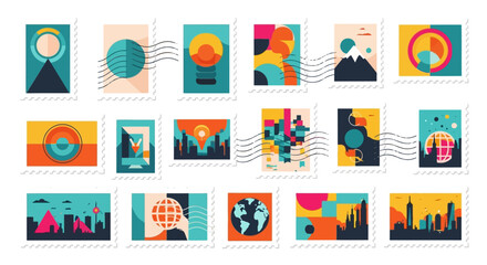 Collection of colorful postage stamps with diverse abstract designs.