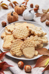 Autumn cookies shaped as leaves and acorns