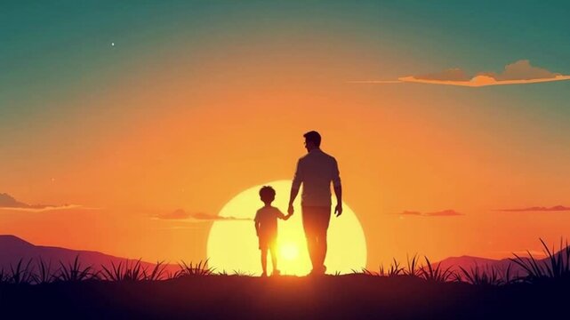 Father and son holding hands while watching sunset in nature  